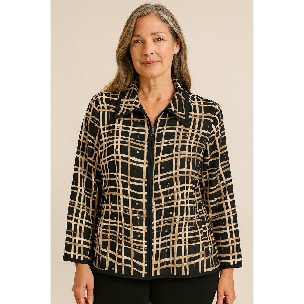 Silkland vintage silk sequin geometric full zip shaket jacket sparkle L large ^^